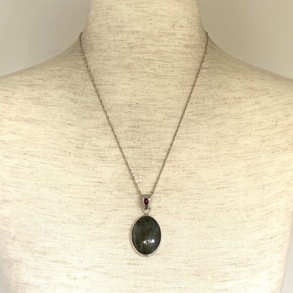Sterling Silver 925 Bezel Set Oval Labradorite Garnet Pendant Necklace 20" Chain - Picture 2 of 16